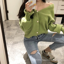 Autumn Fall V neck Button cardigan women ribbed sweater Solid womens off shoulder thick sweater